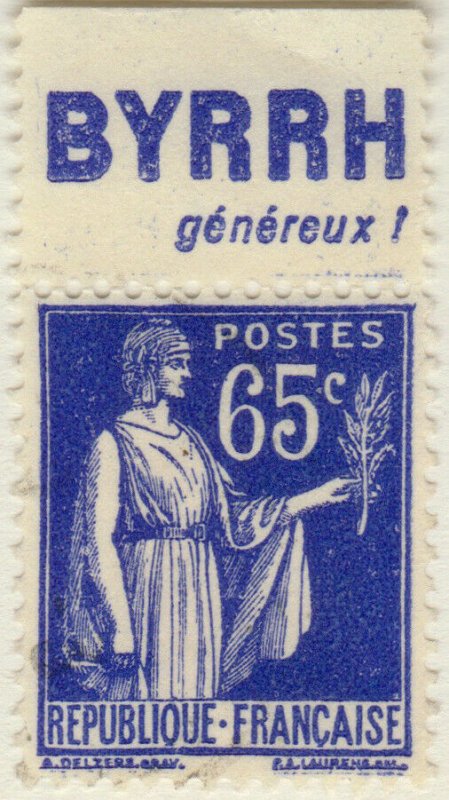 FRANCE - 1937 Pub BYRRH (généreux!) supérieure sur Yv.365b 65c Paix Obl. TB