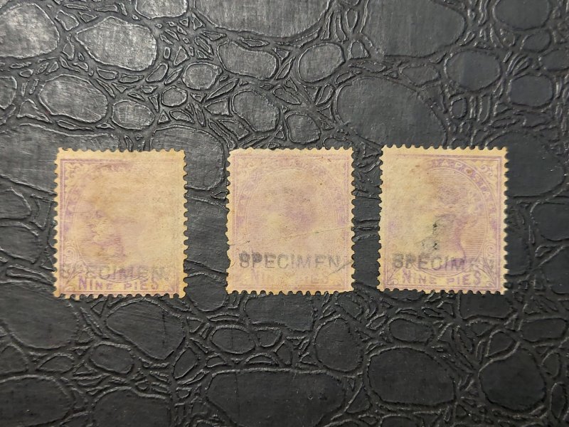 SPECIMEN Set of 3 India 1874 Queen Victoria 9p Pale Mauve SG#78 WMK Elephant