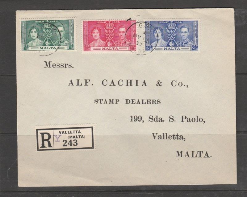 Malta 1937 Coronation FDC, Plain, Valletta cds, Note Y in Reg label Typed addres