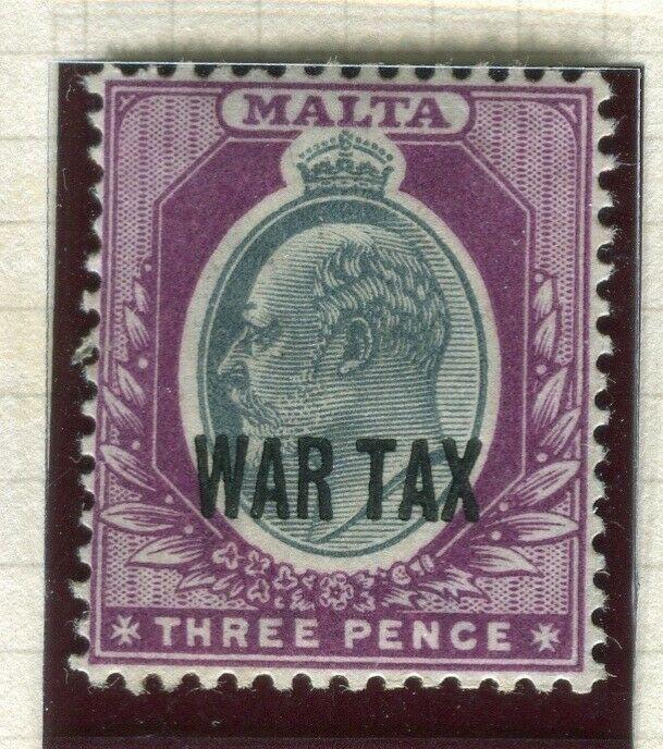MALTA; 1917-18 early WAR TAX Optd. issue fine Mint hinged Shade of 3d. value