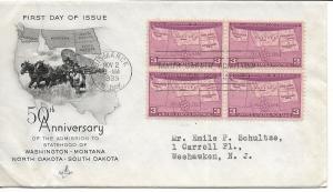US 858 (Pl-29) 3c 50th Anniv Four States blk 4 FDC Artcraft cachet ECV $30.00