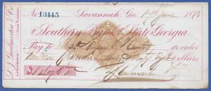 US 1874 2c Used Bank Check, Sc RN-D4  Southern Bank of the State of Georgia