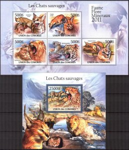 Comoro Islands 2011  Wild Cats Lions Leopards Sheet + S/S MNH