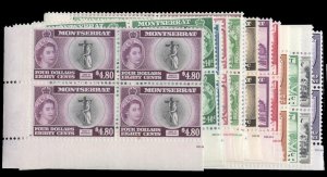 Montserrat #128/142 Cat$242, 1953-57 QEII, complete except for 48c, blocks of...