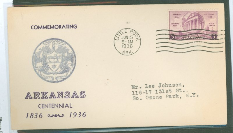 US 782 1936 Arkansas centennial on an addressed (typed) FDC with a cachet (silver seal) by an unknown publisher