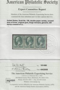 U.S. 158 F+VF MH DOULBLE PAPER Strp/3 APS Cert.  (70218)