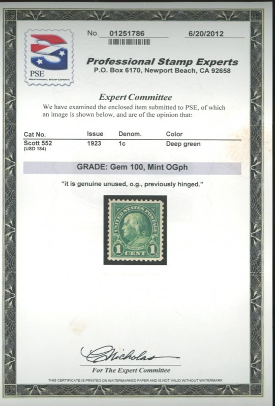 U.S. #552 MINT WITH PSE CERT GEM 100