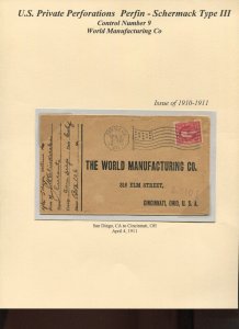 344 Schermack Control Perf 9 on 1911 Cover *UNIQUE* SAN DIEGO CA ORIGIN (P4009)