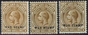 FALKLAND ISLANDS 1918 KGV WAR STAMP 1/- ALL 3 SHADES