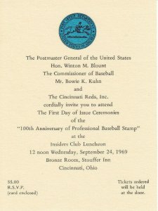 USPS First Day Ceremony Invitation #1381 Pro Baseball Centennial Cincinnati Reds