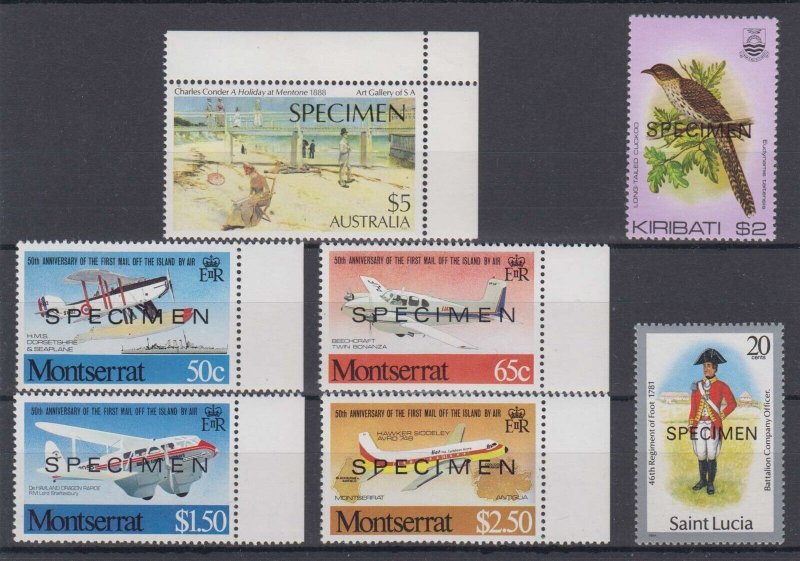 BC KIRIBATI, MONTSERRAT, ST. LUCIA & AUSTRALIA GROUP OF 7 STAMPS OVPT SPECIMEN 