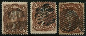 #75 (3) DIFFERENT USED WITH FANCY CANCELS CV $1,350 BT1874