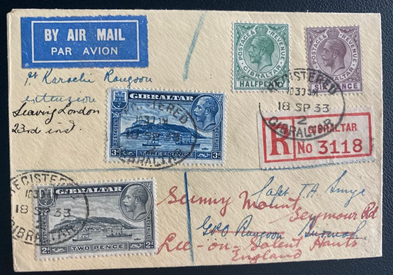 1933 Gibraltar First Flight Airmail Cover  FFC To Rangoon Burma