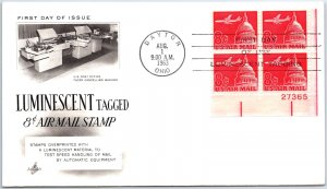 US FIRST DAY COVER LUMINESCENT TAGGED 8c AIRMAIL STAMP PLATE BLOCK OF (4) 1963 A