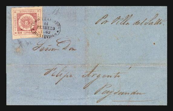 Uruguay cover 13d Rose color variety ship mail VILLA SALTO 14 -2-1862 showpiece