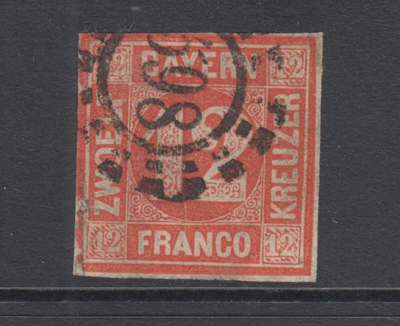 Bavaria Sc 7 used 1858 12kr red Numeral with 598 in Millwheel cancel, F-VF