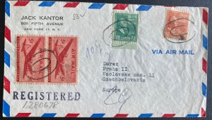 1949 New York Usa Registered Airmail Cover To Prague Czechoslovakia Zero Cancel