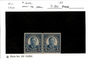 United States Postage Stamp, #602 Mint NH Pair, 1924 Roosevelt (AC)