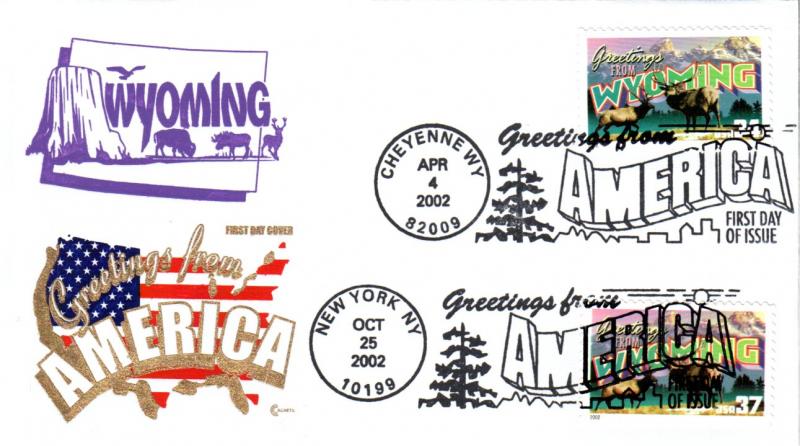 #3745 Greetings From Wyoming Dual Covercraft FDC