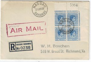 Bahamas 1938 Nassau cancel on registered, airmail cover to the U.S.