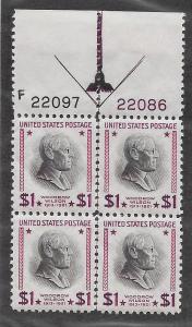 832 Unused, Superb, $1 Wilson, Plate Block, Free Insured Shipping