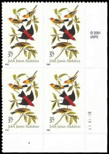 PCBstamps   US #3650 PB $1.48(4x37c)Scarlet & Louisiana Tanagers, MNH, (PB-4)