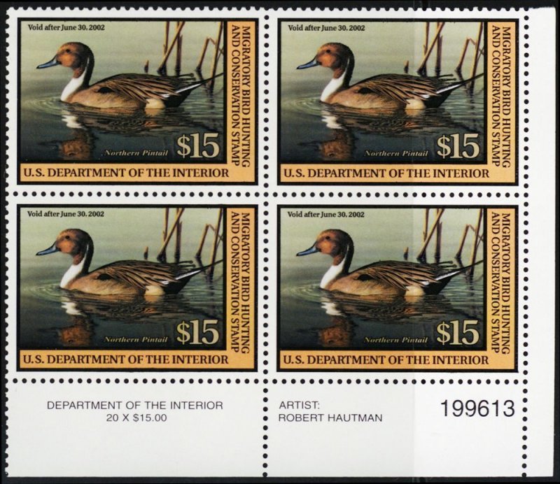 RW68, Mint VF NH $10 Duck Stamp Plate Block of Four Stamps - Face Value $60.00