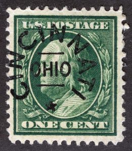 US Sc 374 Green 1¢ 1910 SLWmk p.12 Hinged Original Gum Fancy Circular Pre-Cancel