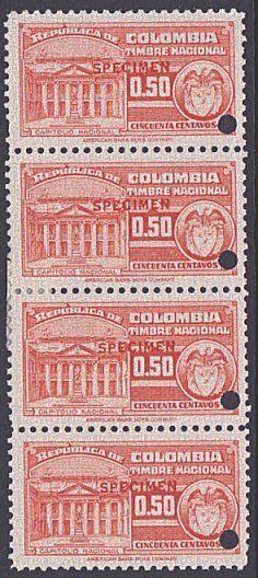 COLOMBIA 50c TIMBRE NATIONAL strip of 4 mint SPECIMEN.......................7923