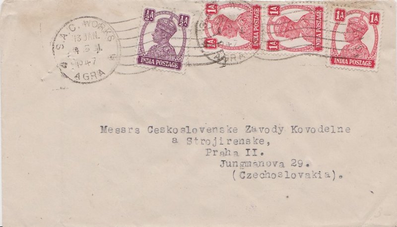 India 1/2a and 1a (3) KGVI 1948 S.A.C. Works, Agra to Prague, Czechoslovakia....