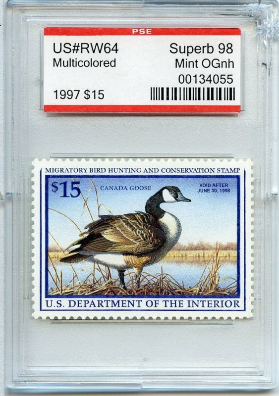 US SCOTT #RW64 MINT-SUPERB-OG-NH GRADED 98 W/ PSE ENCAPSULATED CERT (3/29/21 GP) 