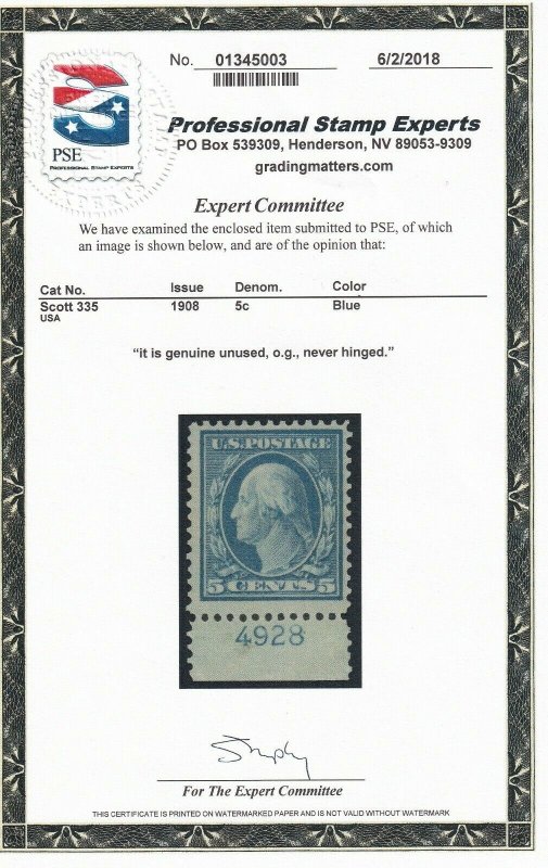 335 VF OG with Plate # PSE cert. never hinged nice color ! see pic ! 