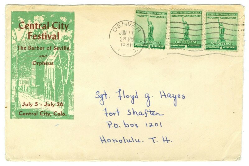 Scott 899 Denver CO to Fort Shafter Honolulu Hawaii Territory Cover June 17 1941