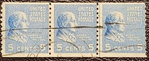 US Scott # 845; used  5c Prexie from 1939; Joint line strip of 3; VG; off paper