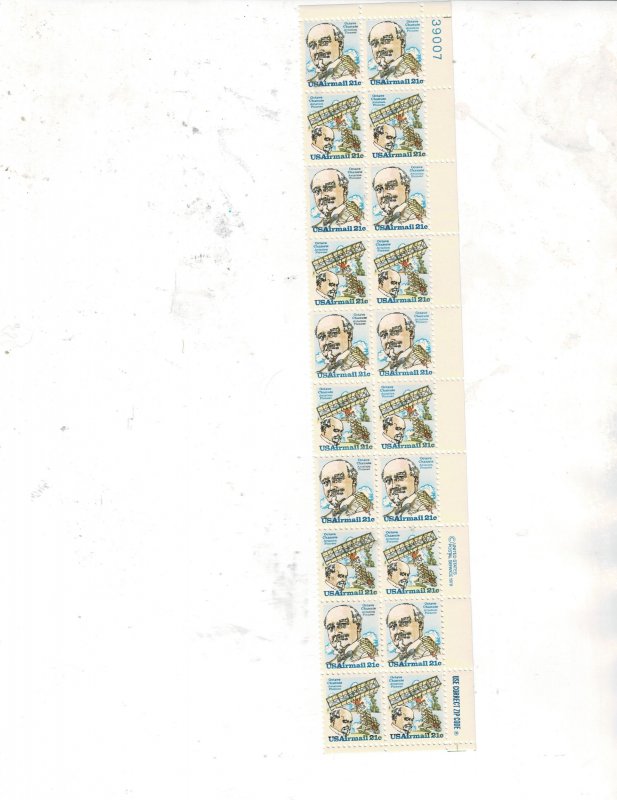 Octave Chanute 21c US Airmail Postage Plate Strip of 20 stamps #C93-94 VF MNH