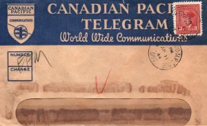 CANADIAN PACIFIC TELEGRAM WINDOWED ENVELOPE PERFIN KING GEORGE VI 3c 1944