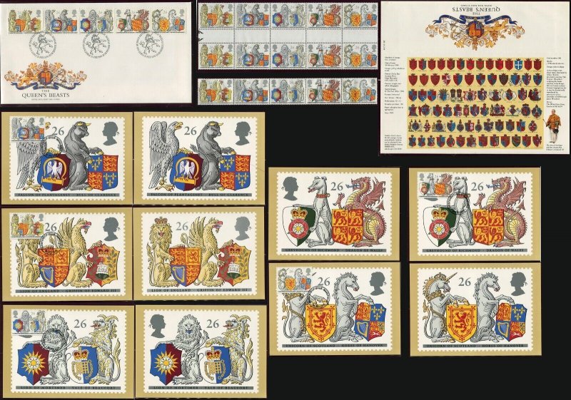 Great Britain Queen's Beasts Royal Mail Cards Postage Collection 1998 FDC + MNH