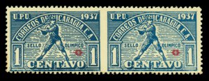 NICARAGUA 1937 Postal Tax  BASEBALL 1c blue Sc# RA57  IMPERF BETWEEN PAIR w/cert