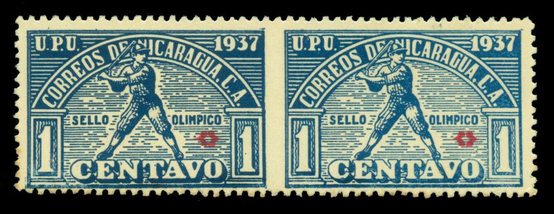 NICARAGUA 1937 Postal Tax  BASEBALL 1c blue Sc# RA57  IMPERF BETWEEN PAIR w/cert