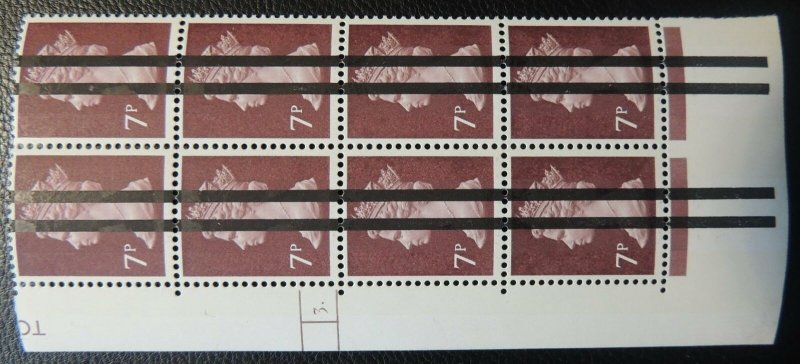 GB 1976-77 7p purple-brown Machin Post Office training bars cylinder blk 8