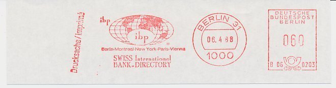 Meter cut Germany 1988 Globe - Swiss Bank