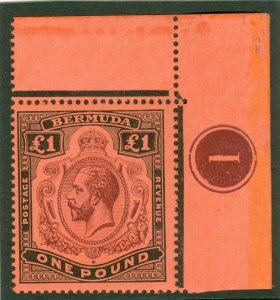 SG 55a Bermuda 1918-22 £1 purple & black on red. Unmounted corner marginal...