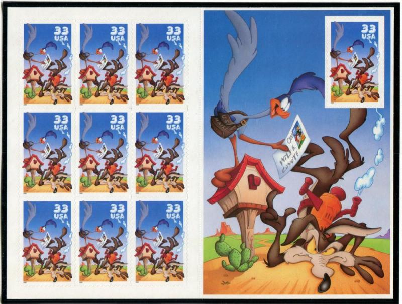 3391 US 33c Roadrunner/Coyote SA, MNH pane/10