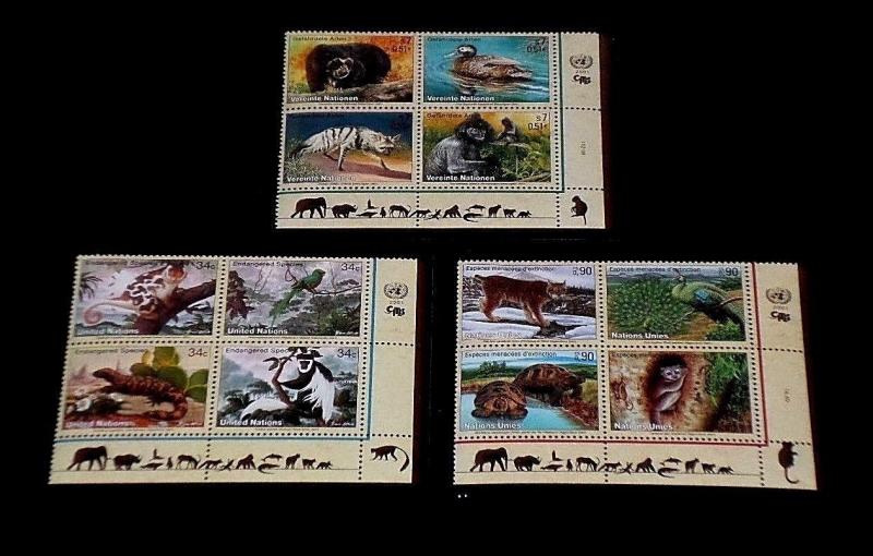 U.N. 2001, ENDANGERED SPECIES, INSC. BLKS/4, MNH, ALL 3 OFFICES, NICE!! LQQK!!