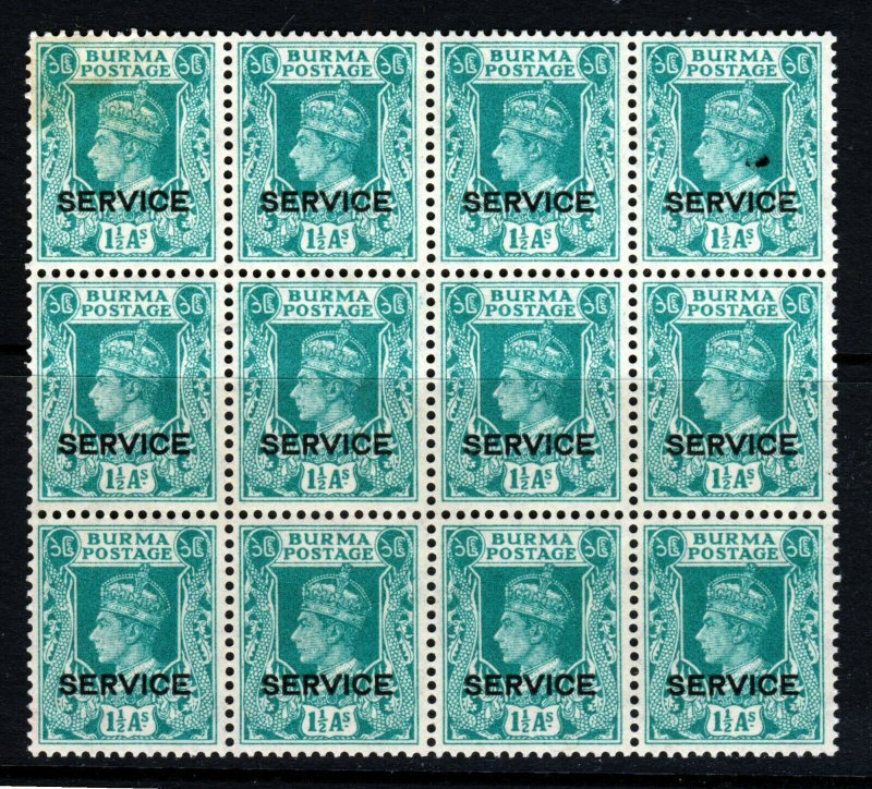 BURMA KG VI 1939 OFFICIALS 1½ As Turquoise BLOCK OF TWELVE Op SERVICE SG O19 MNH