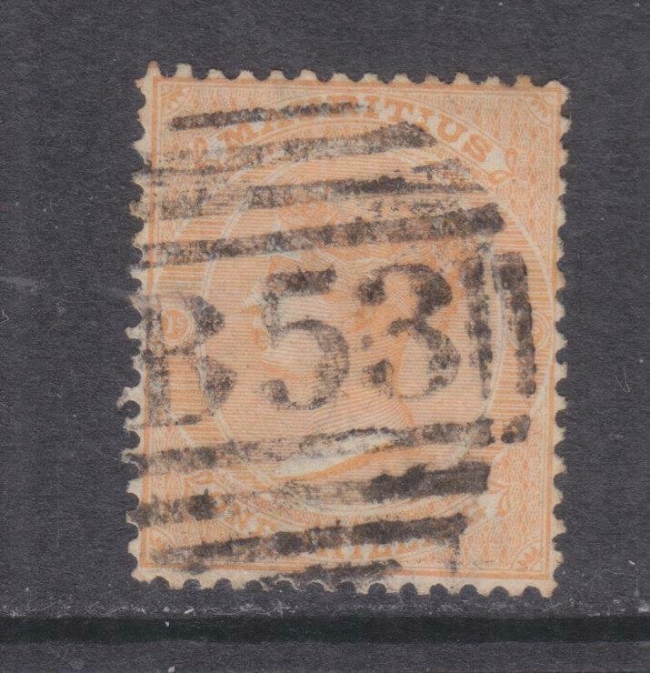 MAURITIUS, 1872 CC, 1s. Orange, used, heavy cancel. 