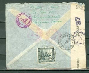 BELGIAN CONGO 1943  #196, #204-205, #C15 on CENSORED REGISTERED AIR COVE to US