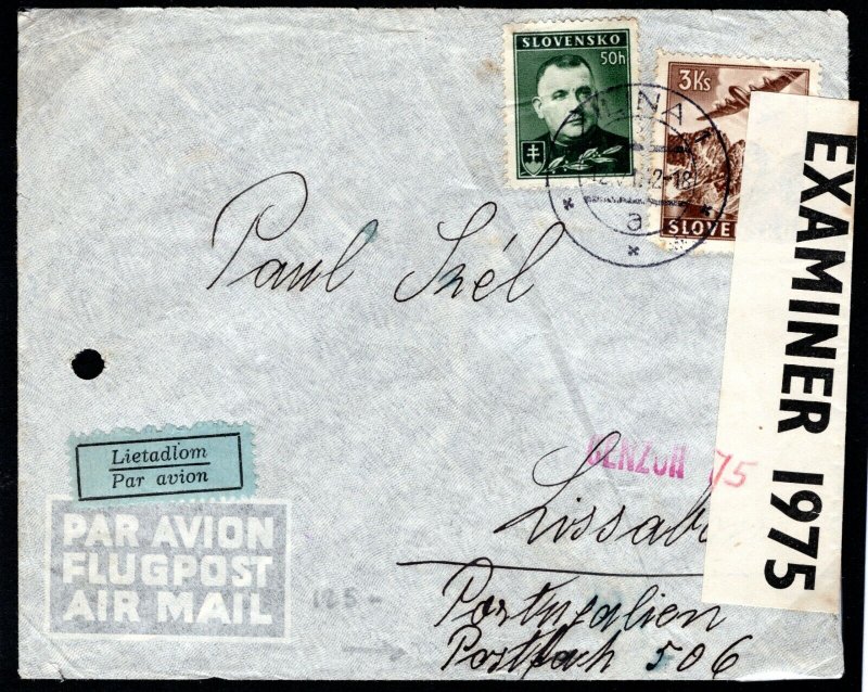 SLOVAKIA WW2 Cover UNDERCOVER ADDRESS *PO BOX 506* Lisbon 1942 Censor MC322