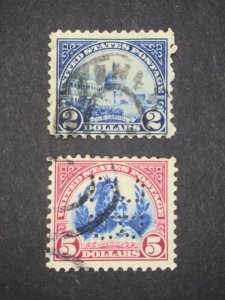 RIV:US Used 572 & 573 Singles lot 1923 $2 Capitol & $5 Head of Freedom perfin 2R