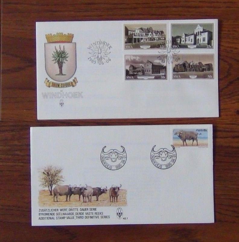 South West Africa 1984 1985 FDC X 10 Strauße Gebäude Eisenbahn Feder Musik